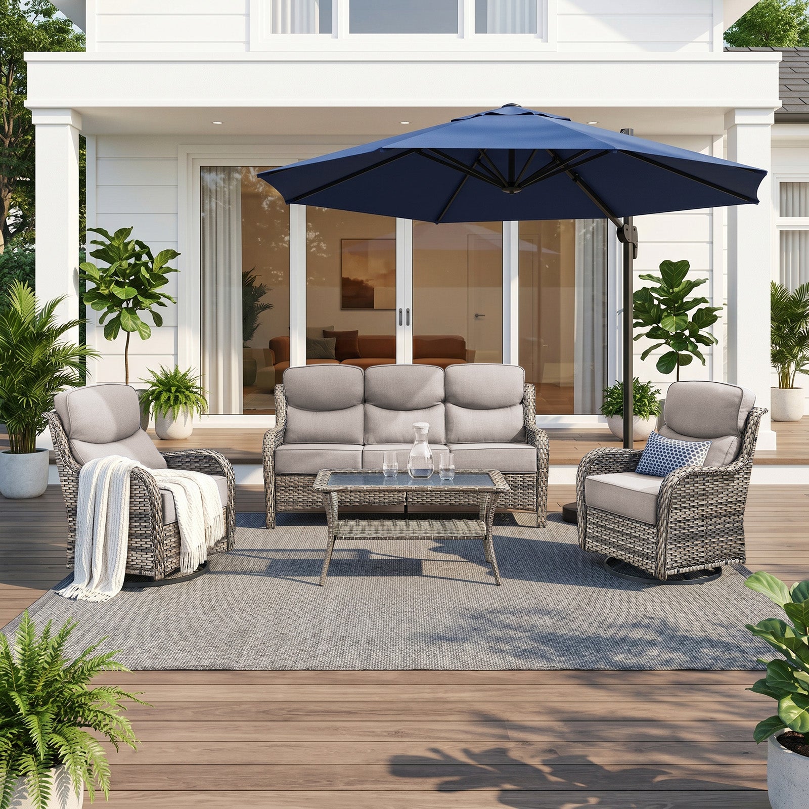 Gymojoy 4-Piece High Back Wicker Patio Outdoor Furniture Set with Sofa, Swivel Chairs, Coffee Table & 6" Cushions