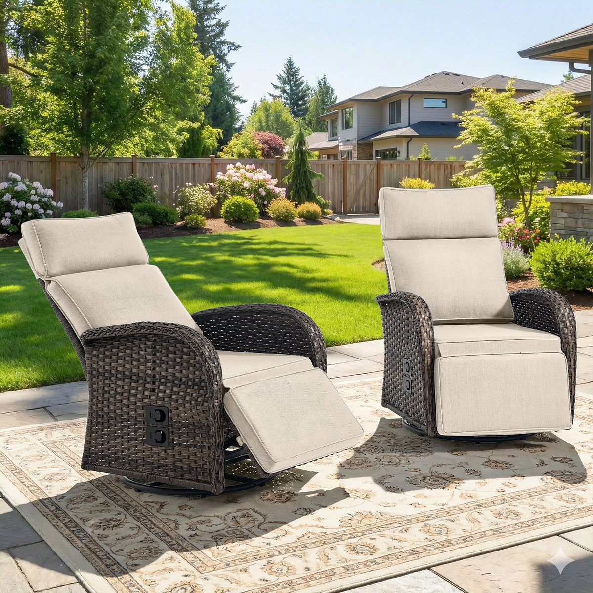 Gymojoy Outdoor Wicker Swivel Recliner Patio Chair Set of 2, Adjustable Backrest and Footrest All-Weather Chaise Lounge for Pool Deck Backyard