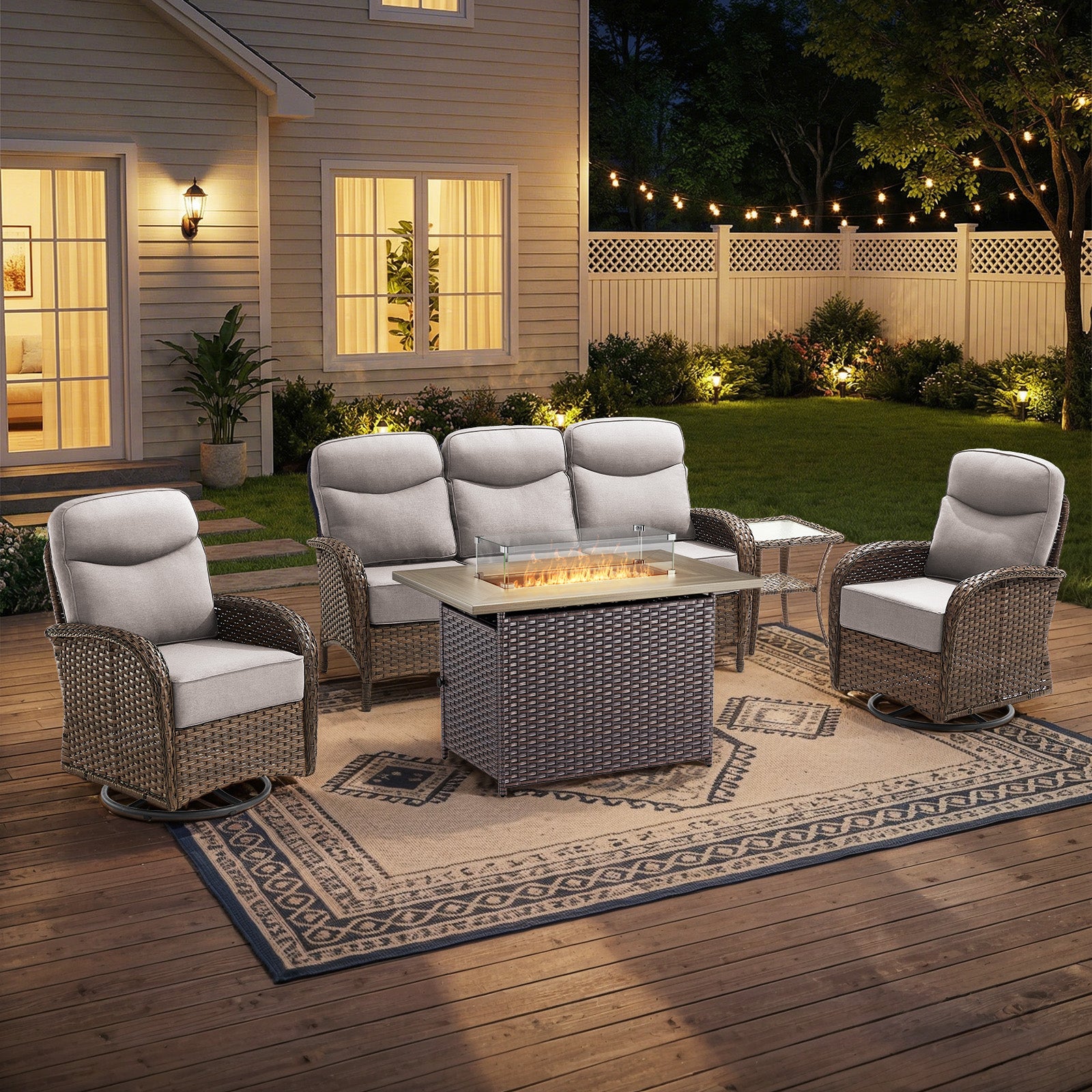 Gymojoy 5 Piece Patio Fire Pit Set with High Back Swivel Rocker Chairs, Sofa and Side Table, Outdoor Conversation Set with 6-inch Cushions