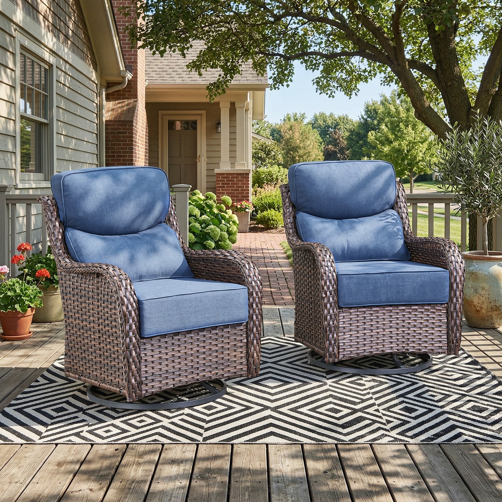 Gymojoy Outdoor Wicker Swivel Rocker Set of 2 with 6-Inch Thick Cushion, High Back Rattan Patio Swivel Gliders