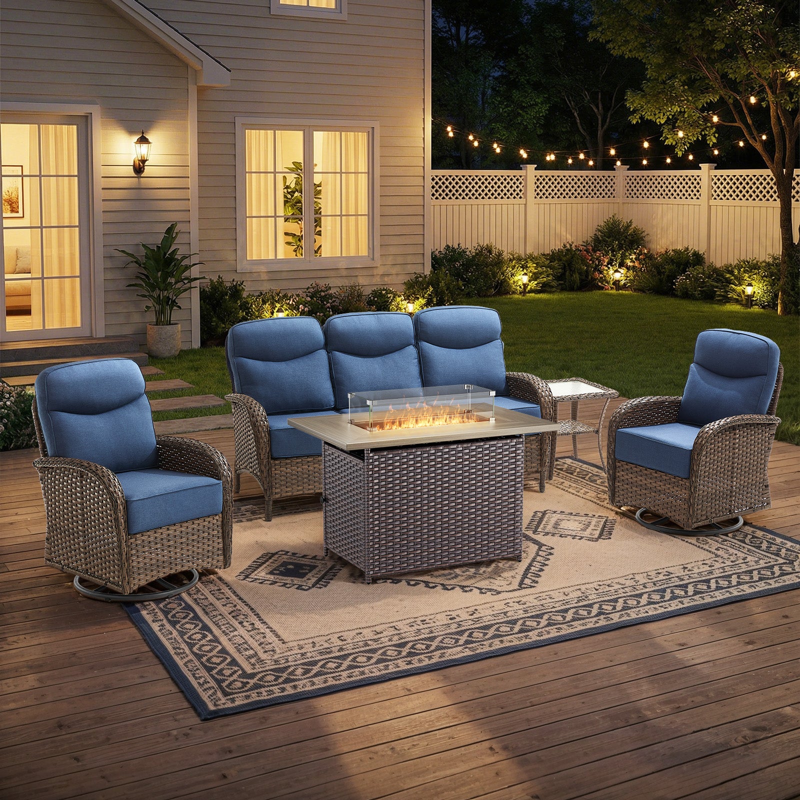 Gymojoy 5 Piece Patio Fire Pit Set with High Back Swivel Rocker Chairs, Sofa and Side Table, Outdoor Conversation Set with 6-inch Cushions