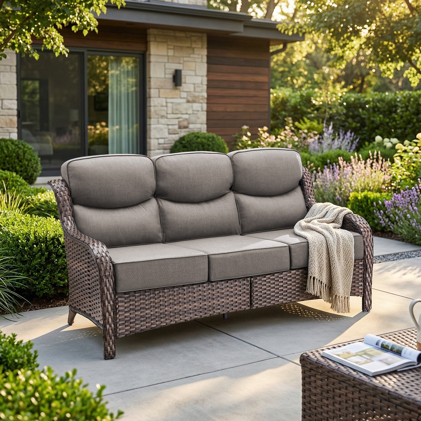 Gymojoy Outdoor Wicker Sofa High Back Patio 3-Seater Rattan Couch with 6'' Thick Cushions, Ideal for Porch, Poolside, Deck, Yard