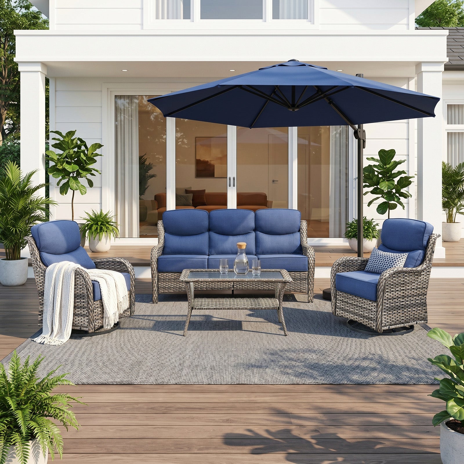 Gymojoy 4-Piece High Back Wicker Patio Outdoor Furniture Set with Sofa, Swivel Chairs, Coffee Table & 6" Cushions