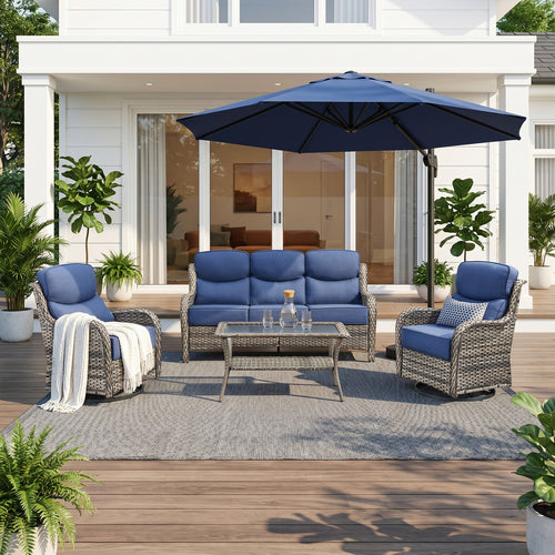 Gymojoy 4-Piece High Back Wicker Patio Outdoor Furniture Set with Sofa, Swivel Chairs, Coffee Table & 6" Cushions
