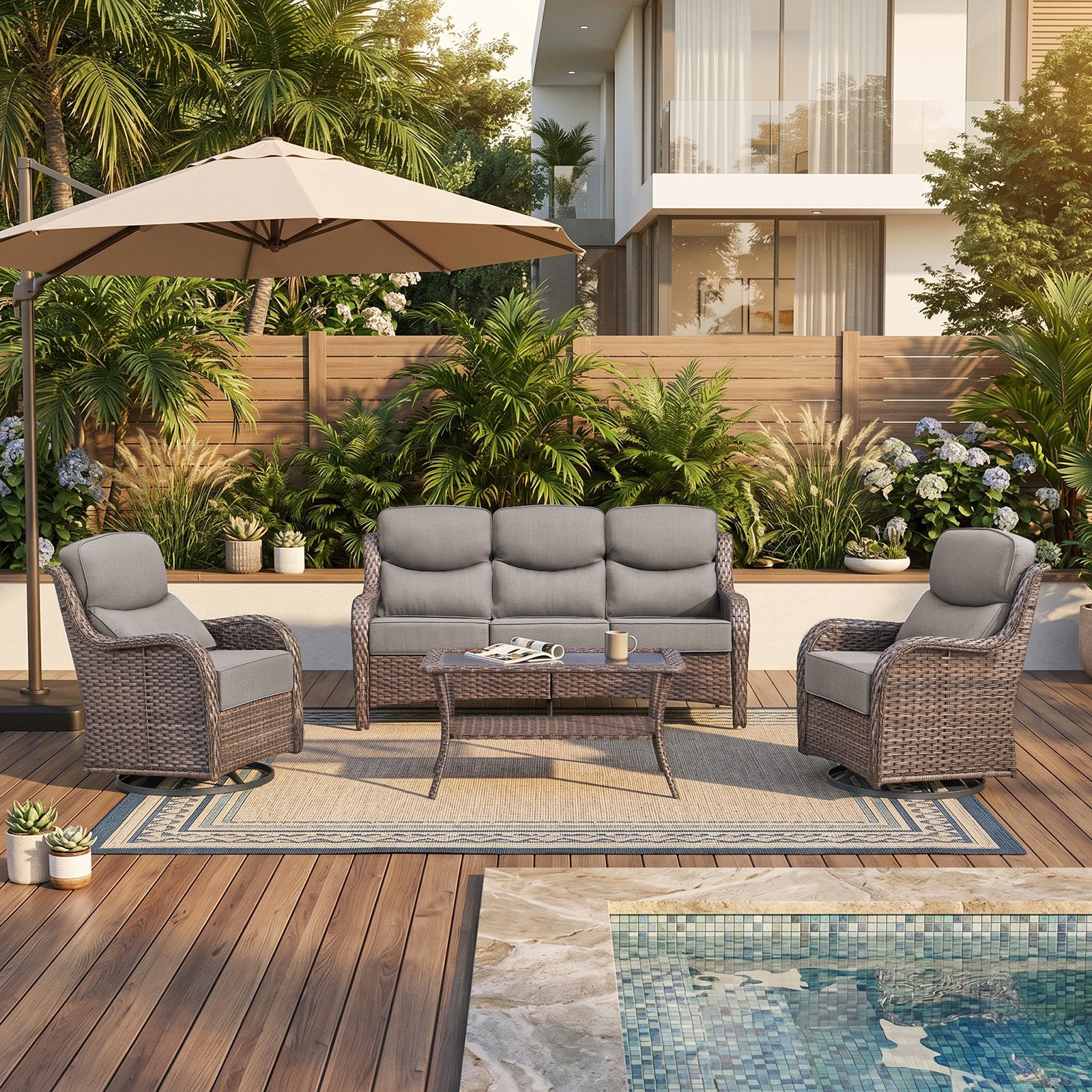 Gymojoy 4-Piece High Back Wicker Patio Outdoor Furniture Set with Sofa, Swivel Chairs, Coffee Table & 6" Cushions