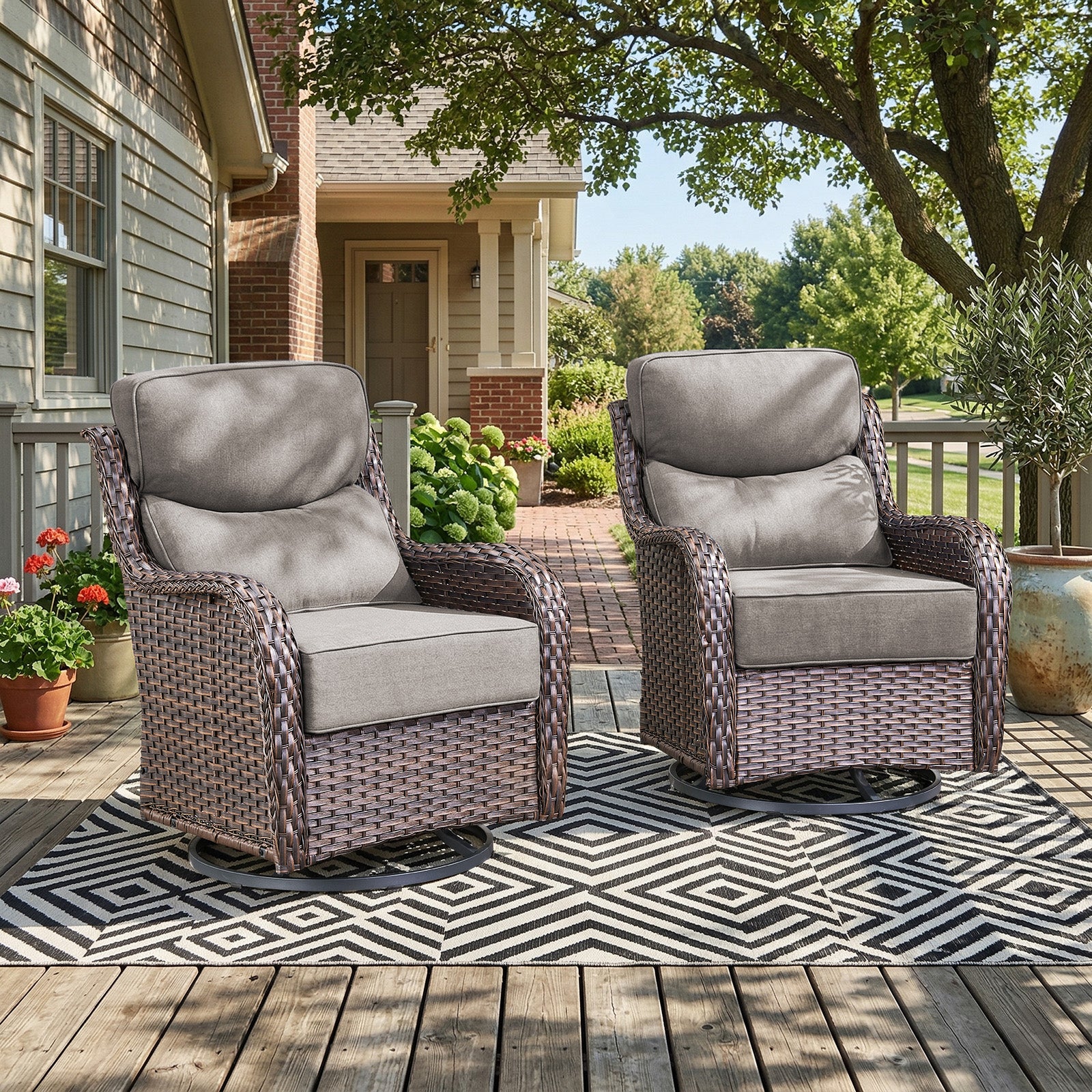 Gymojoy Outdoor Wicker Swivel Rocker Set of 2 with 6-Inch Thick Cushion, High Back Rattan Patio Swivel Gliders