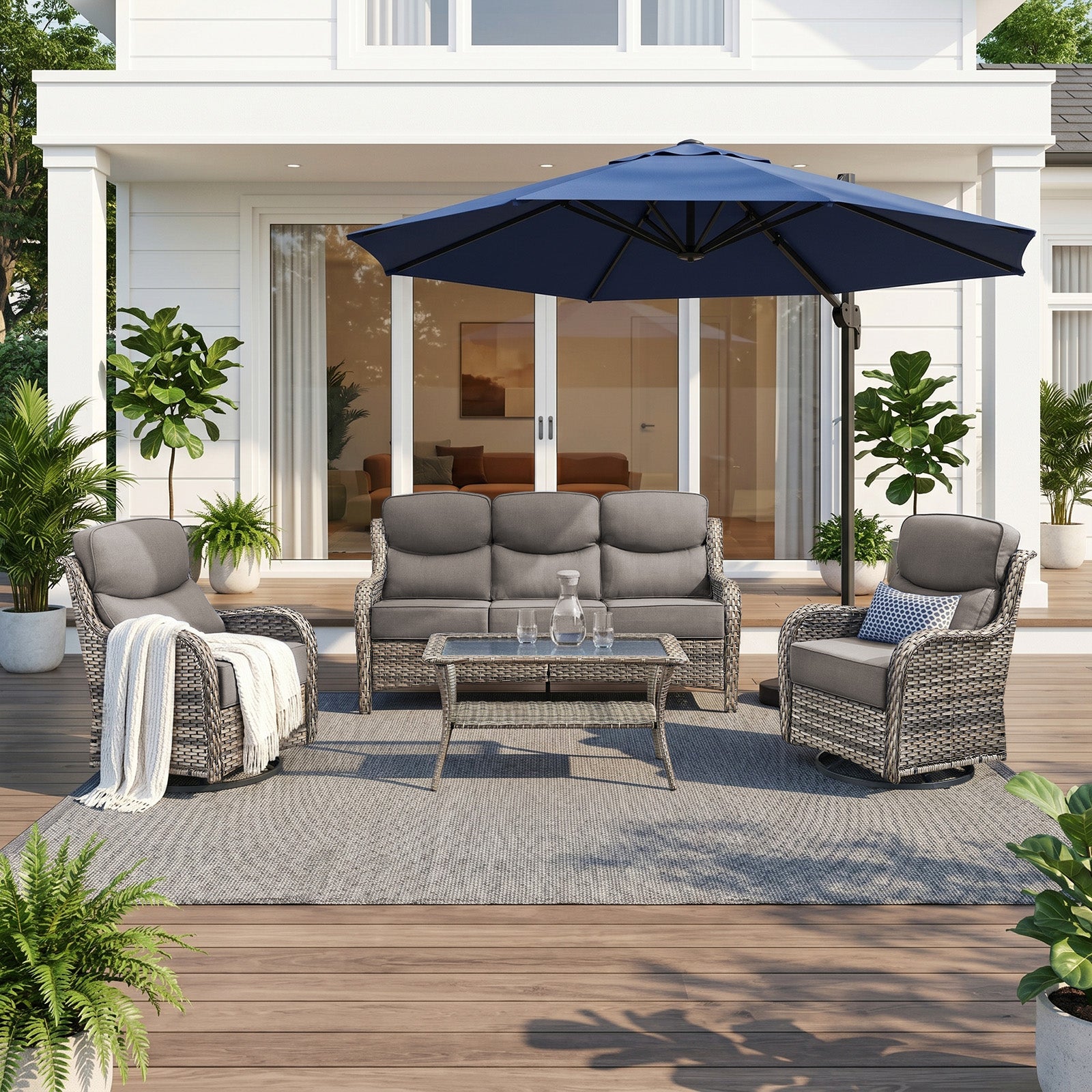 Gymojoy 4-Piece High Back Wicker Patio Outdoor Furniture Set with Sofa, Swivel Chairs, Coffee Table & 6" Cushions