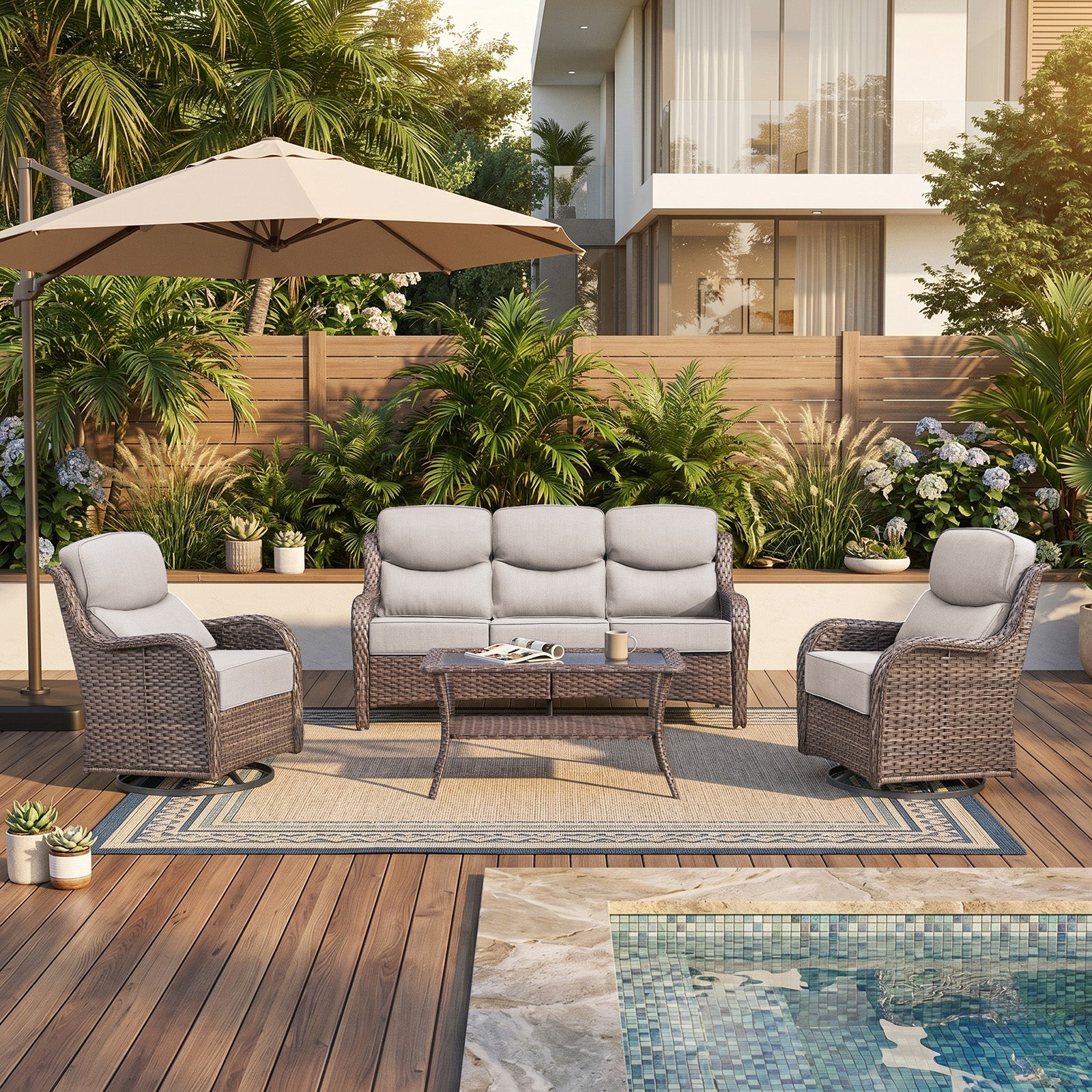 Gymojoy 4-Piece High Back Wicker Patio Outdoor Furniture Set with Sofa, Swivel Chairs, Coffee Table & 6" Cushions