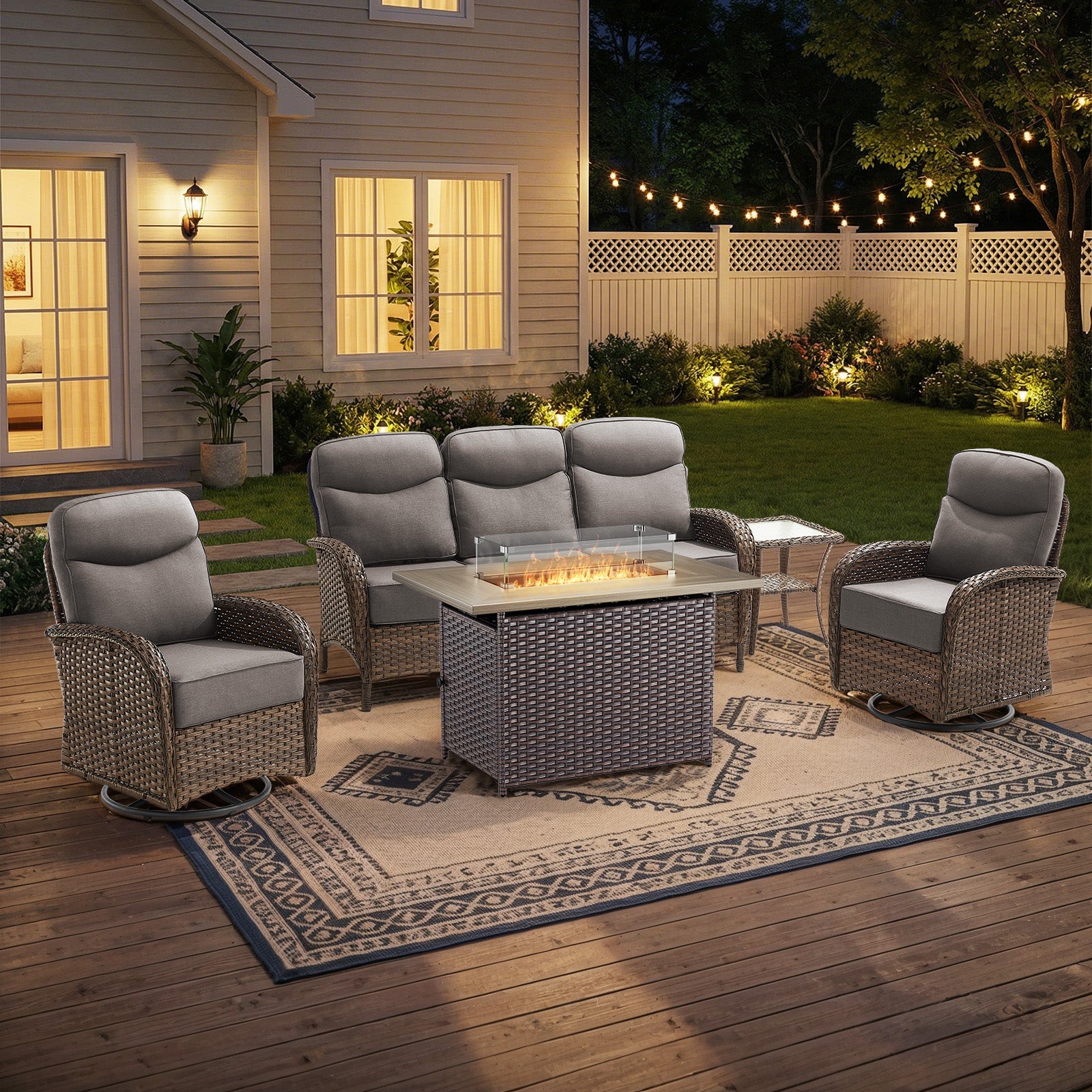 Gymojoy 5 Piece Patio Fire Pit Set with High Back Swivel Rocker Chairs, Sofa and Side Table, Outdoor Conversation Set with 6-inch Cushions