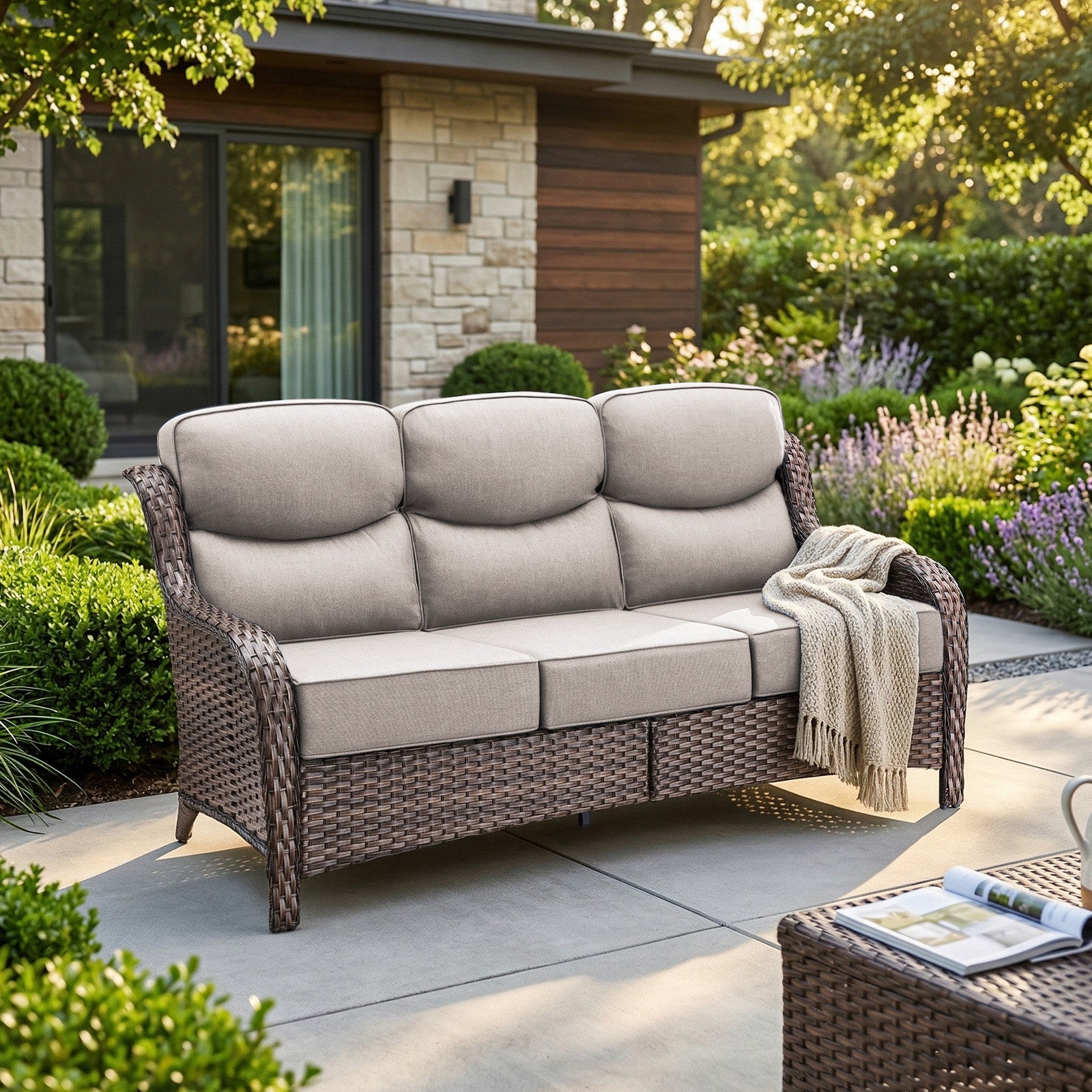 Gymojoy Outdoor Wicker Sofa High Back Patio 3-Seater Rattan Couch with 6'' Thick Cushions, Ideal for Porch, Poolside, Deck, Yard