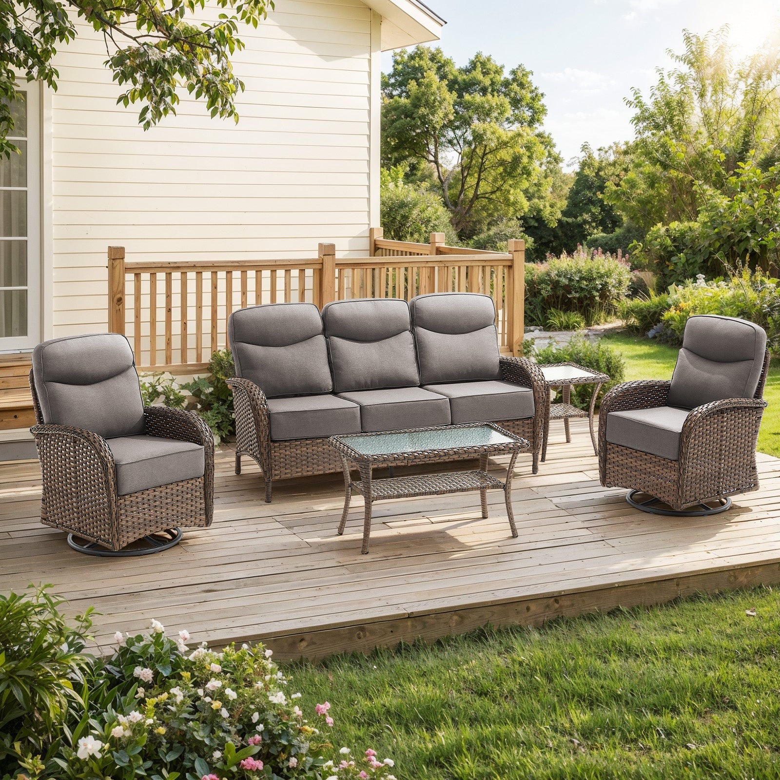 Gymojoy 5 Piece Patio Furniture Set High Back Outdoor Conversation Set with Sofa, Swivel Rocker Chairs, Side Table, Center Table and 6-inch Cushions