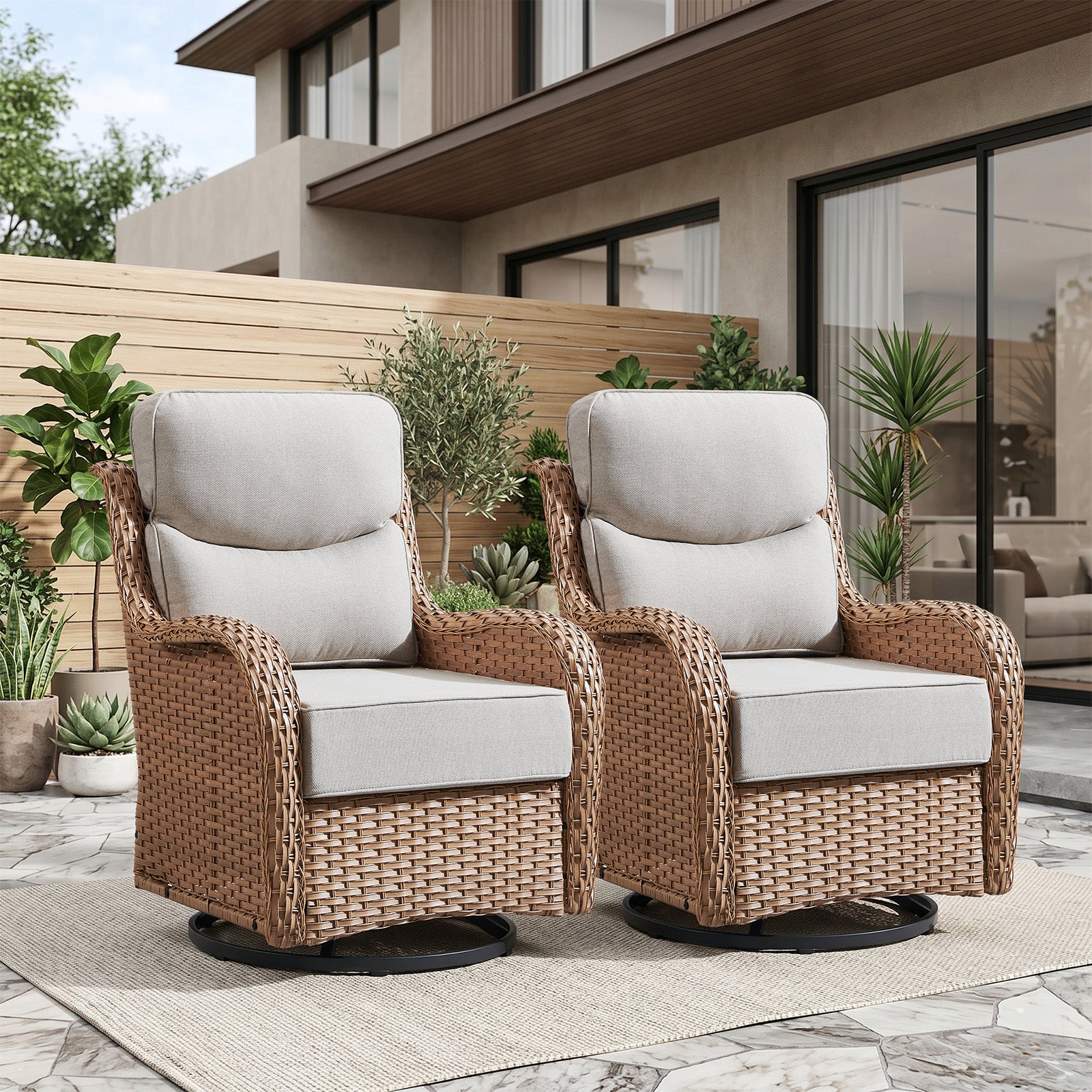 Gymojoy Outdoor Wicker Swivel Rocker Set of 2 with 6-Inch Thick Cushion, High Back Rattan Patio Swivel Gliders