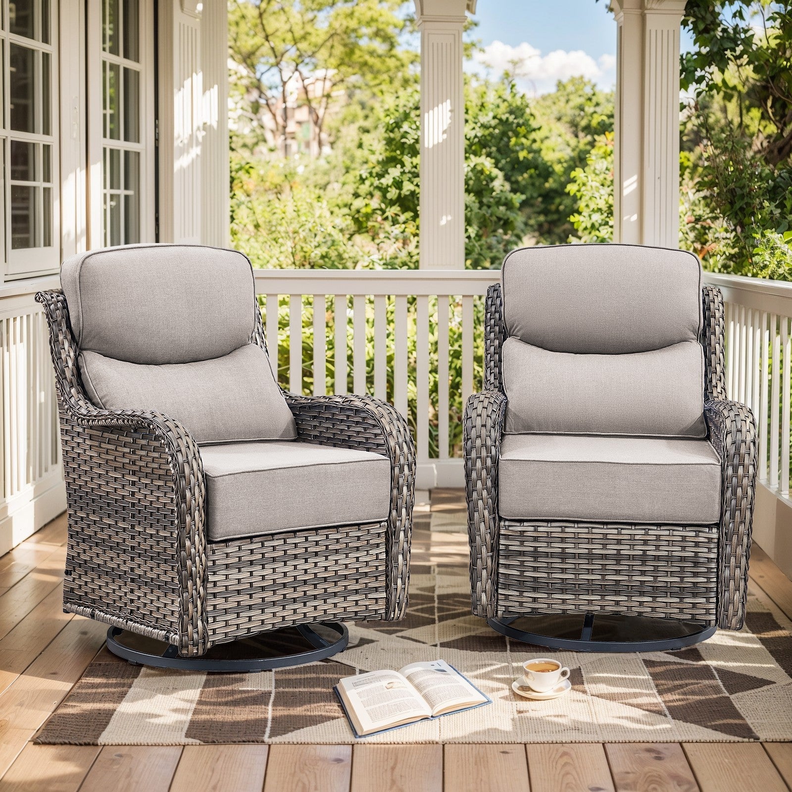 Gymojoy High Back Patio Swivel Rocking Patio Chairs, 2 PCS Wicker Outdoor Glider Chair with 6-inch Thick Cushion for Yard