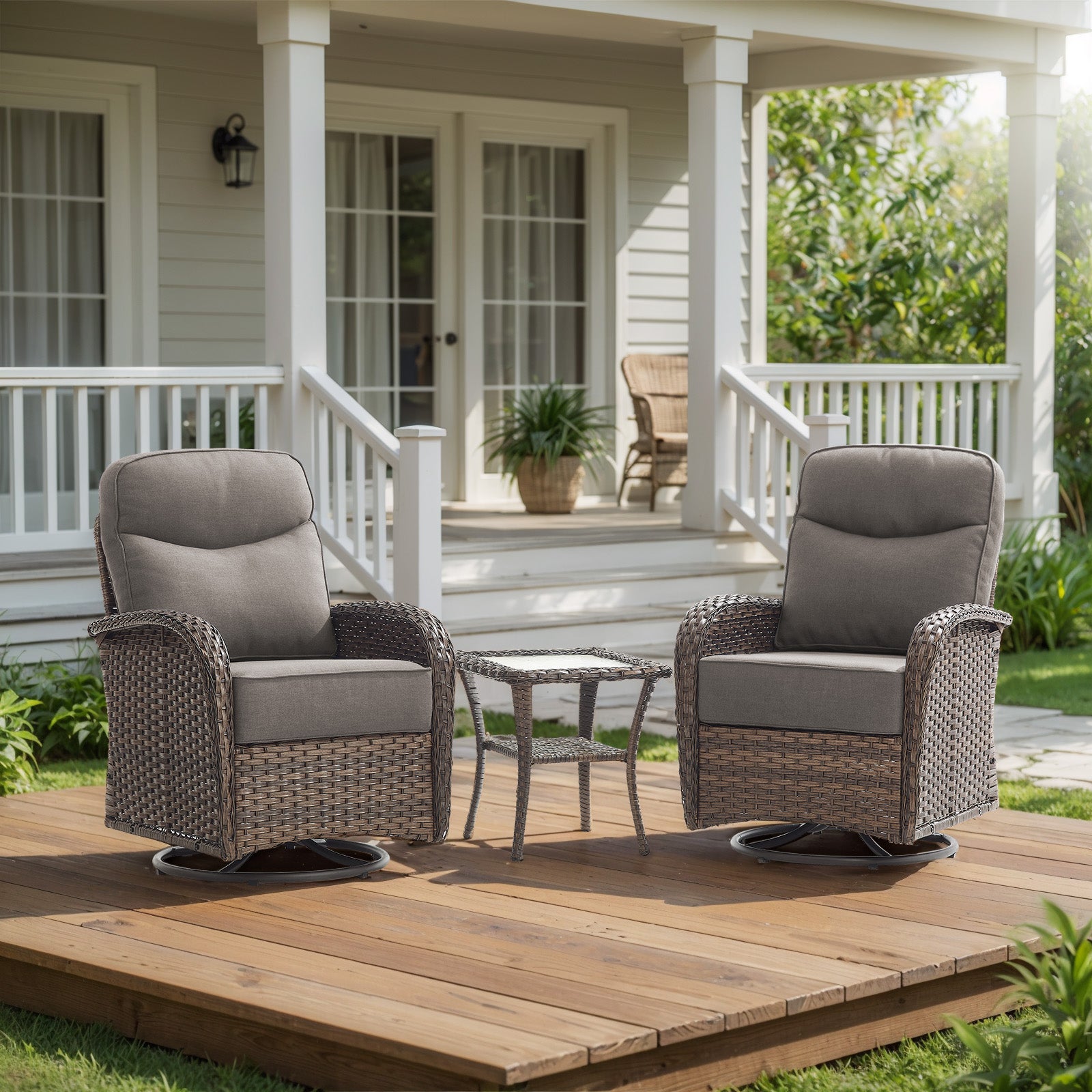 Gymojoy 3 Pieces Patio Furniture Set Wicker Outdoor High Back Swivel Glider Rocker Chairs of 2 with Side Table and 6-inch Cushions