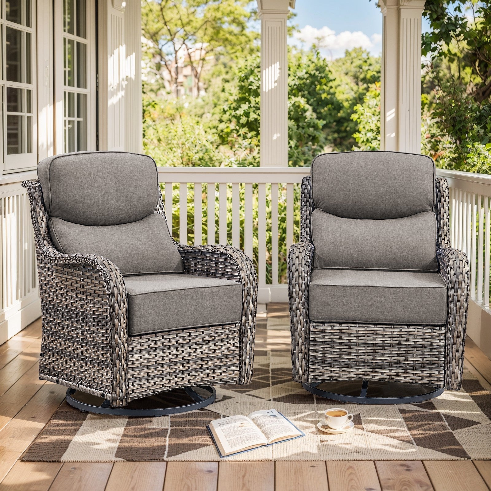 Gymojoy High Back Patio Swivel Rocking Patio Chairs, 2 PCS Wicker Outdoor Glider Chair with 6-inch Thick Cushion for Yard