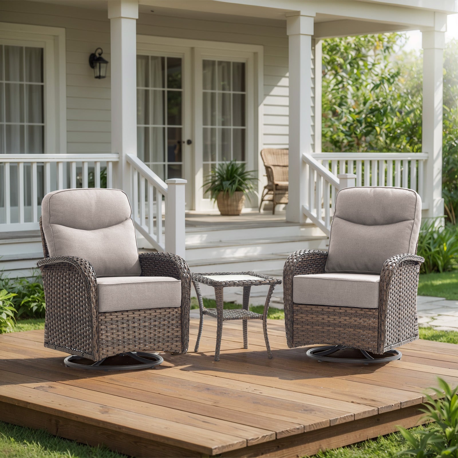 Gymojoy 3 Pieces Patio Furniture Set Wicker Outdoor High Back Swivel Glider Rocker Chairs of 2 with Side Table and 6-inch Cushions