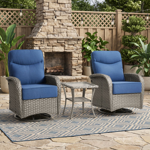 Gymojoy 3 Pieces Patio Furniture Set Wicker Outdoor High Back Swivel Glider Rocker Chairs of 2 with Side Table and 6-inch Cushions