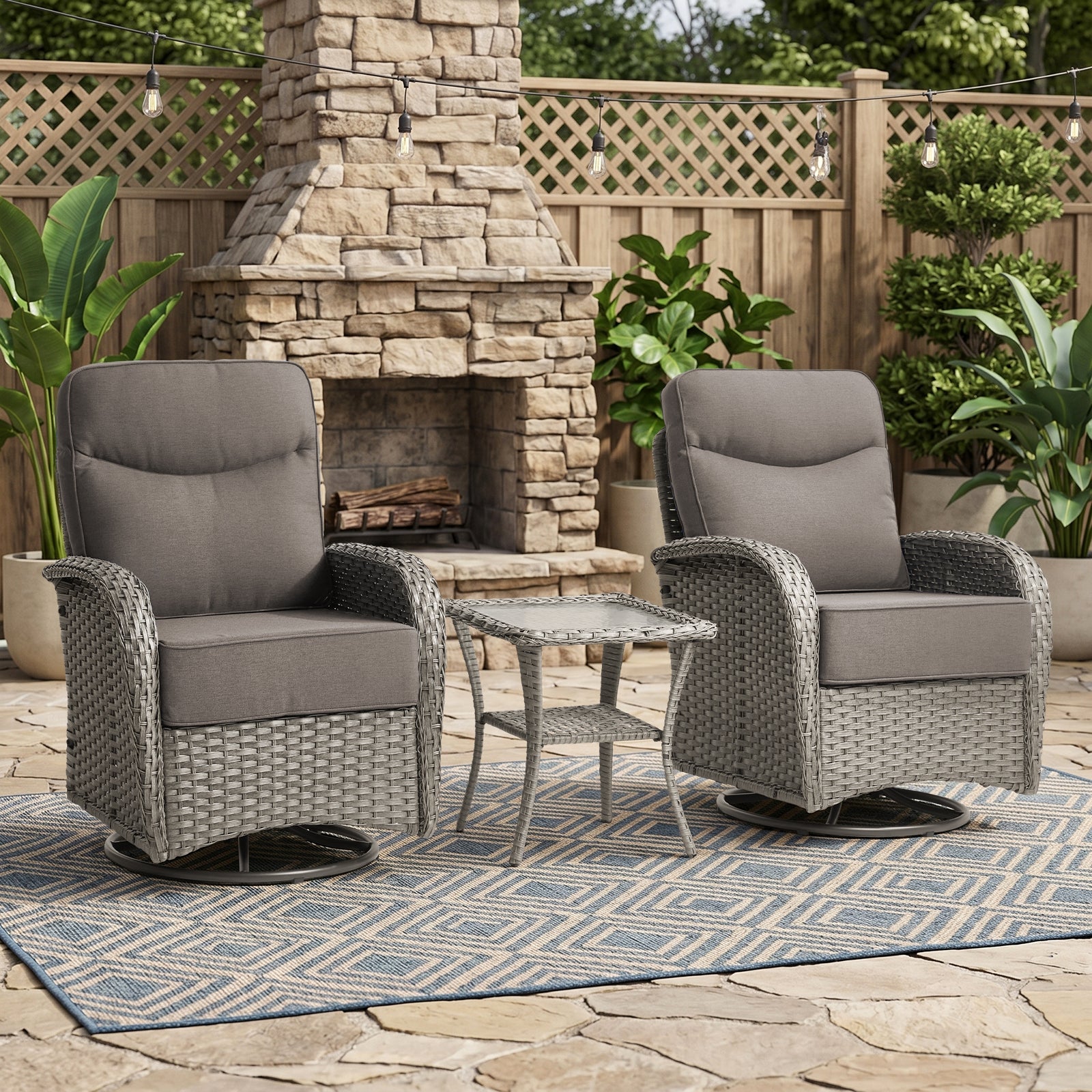 Gymojoy 3 Pieces Patio Furniture Set Wicker Outdoor High Back Swivel Glider Rocker Chairs of 2 with Side Table and 6-inch Cushions