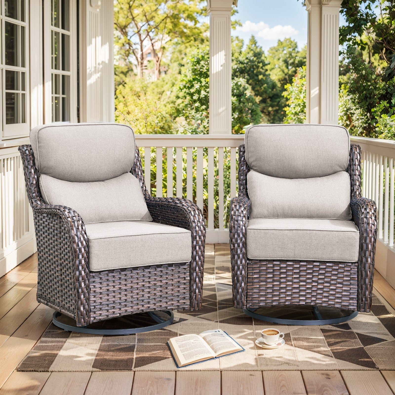Gymojoy High Back Patio Swivel Rocking Patio Chairs, 2 PCS Wicker Outdoor Glider Chair with 6-inch Thick Cushion for Yard